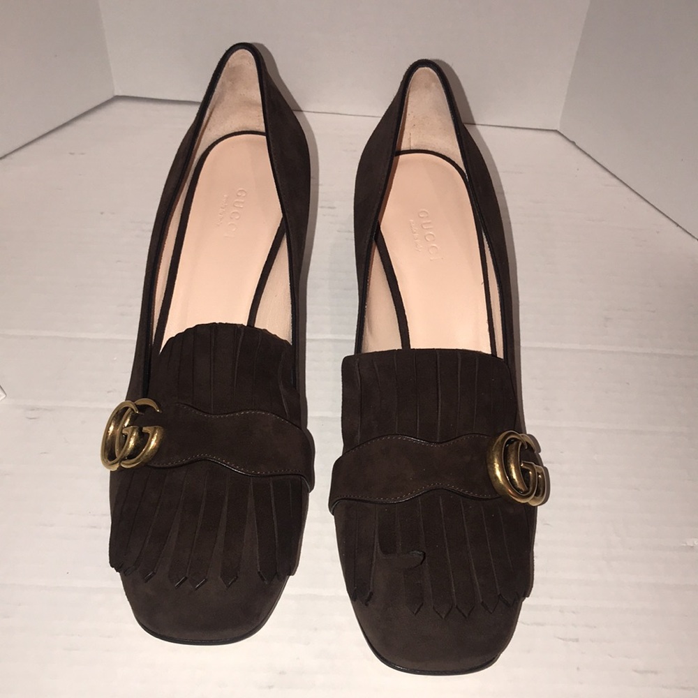 NIB GUCCI  Marmont Double G Fringe Suede Pump